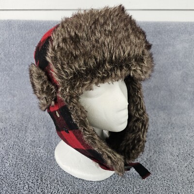 Trapper Hat Buffalo Check Plaid Faux Fur Lumberjack Red  display picture 3