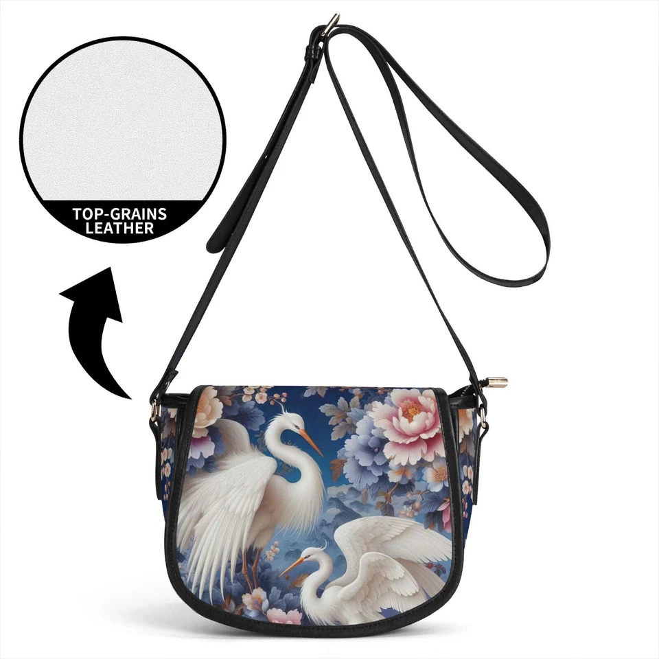 Egret из натуральной кожи седло наплечная сумка Дамская сумка Ombré цветочный пион журавль лебедь - Изображение 4 из 4