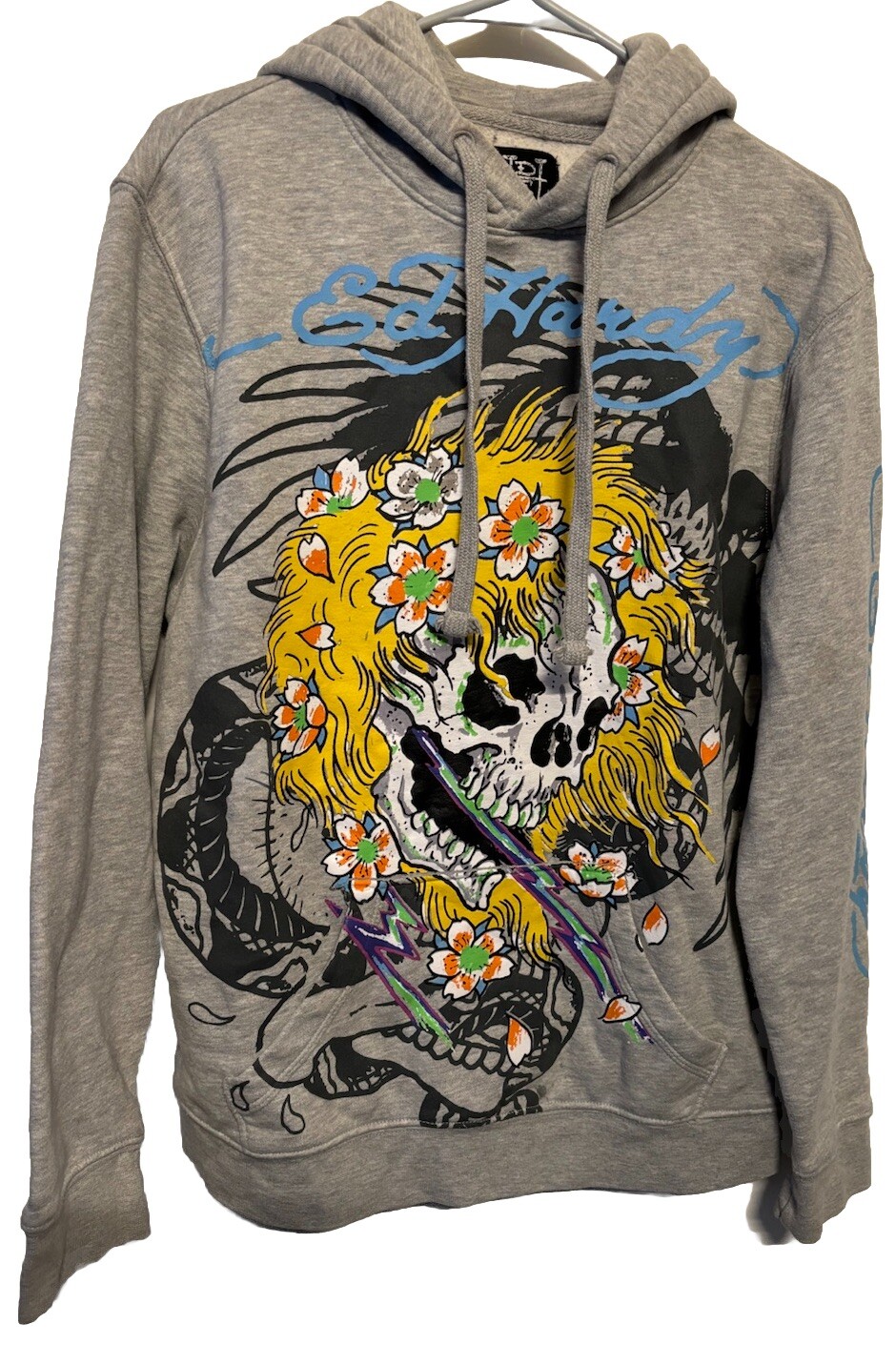 Ed Hardy Mens Small Blonded Skull Fleece Hoodie Retro Y2K Streetwear Pullover