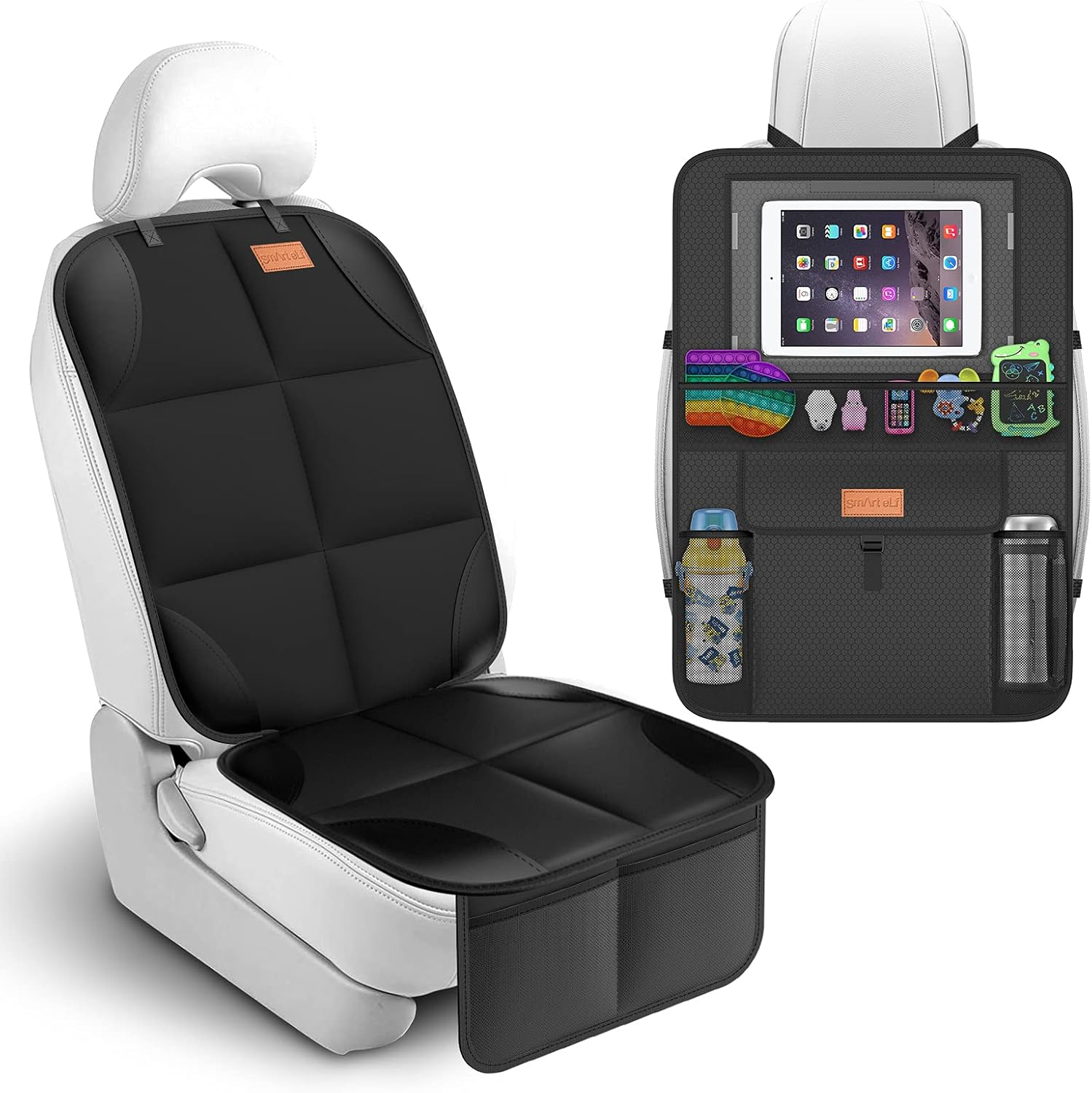 Non-Slip Backing Backseat Car Organizer Kick Mat with Storage Pockets, Large Wat