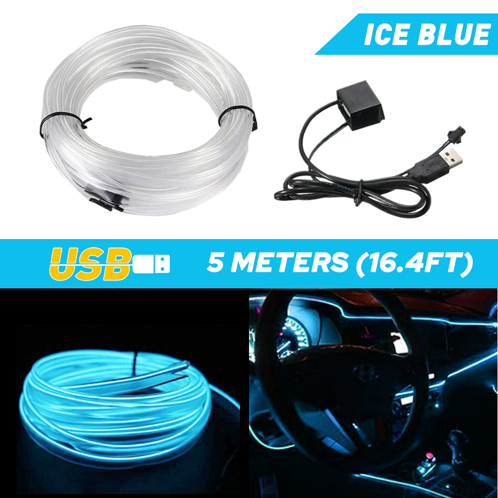 5M Car LED Interior Atmosphere Decor Wire EL USB Strip Lights Lamp Bulb Ice Blue