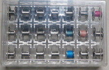 Lot of 21 METAL DROP-IN Sewing Bobbins and Case-10 holes, 8 holes, 7 holes-clean