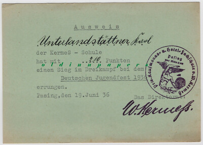München Pasing Kermeß Kaufmanns u. Hotelfachschule Sport Ausweis Jugendfest 1936