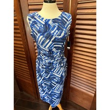 Nine West Women Blue Abstract Brushstroke Ruched Sleeveless Sheath Dress NEW