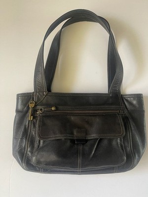 Fossil Black Leather Shoulder Bag with Front Flap Pocket and Key Charm