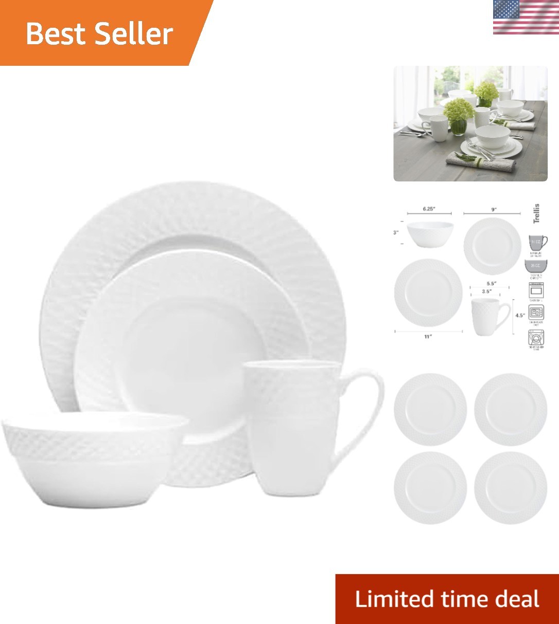 Mikasa Trellis Bone China 16-Piece Dinnerware Set for 4 Dishwasher Safe White
