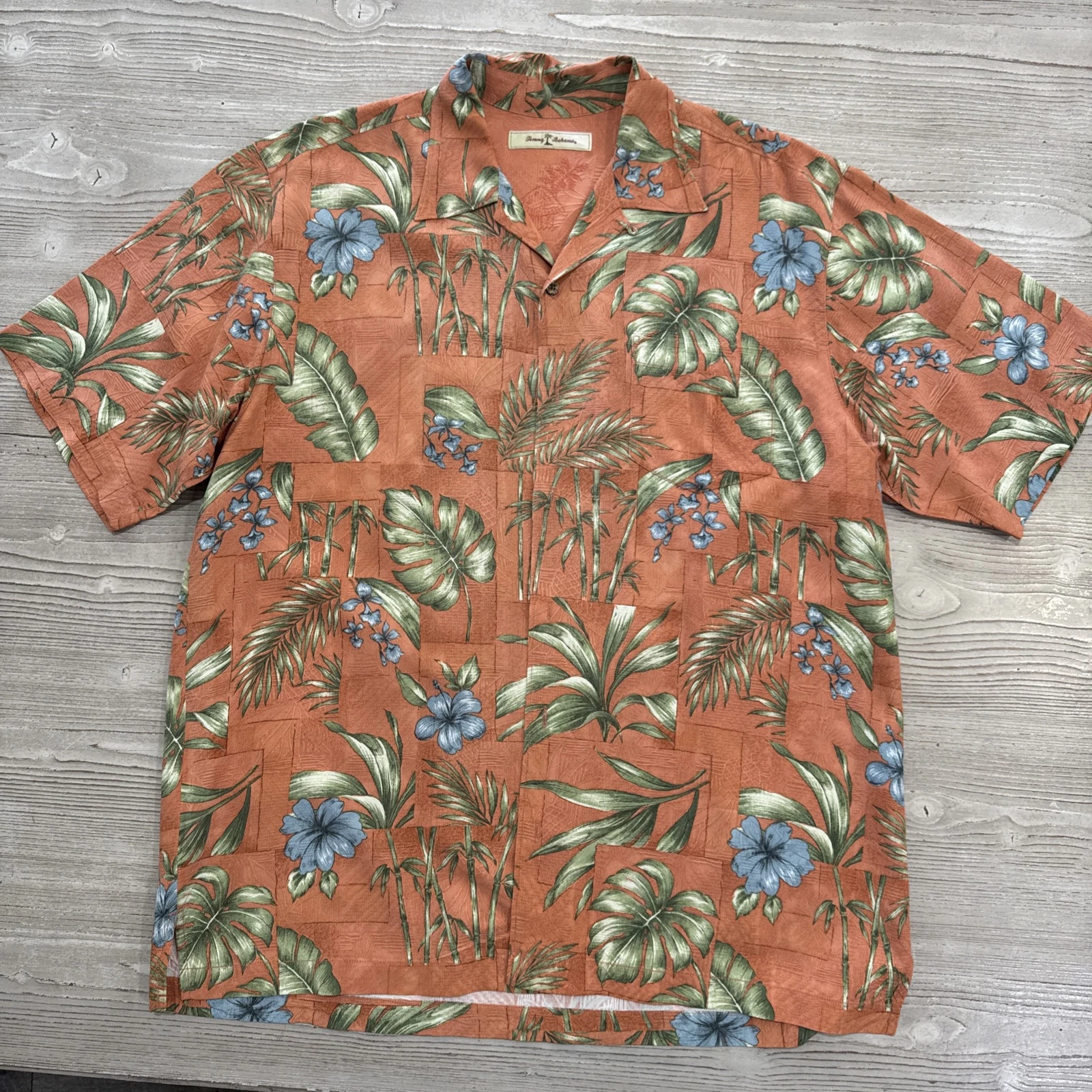 Tommy Bahama Shirt Men Large Orange Palm Trees Silk Short Sleeve Hawaiian Pocket