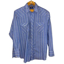 Vintage Wrangler pearl snap long sleeve blue yellow white stripe shirt large 