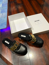 Moschino Black Leather Platform Logo Clog Mule Sandals Slip On EU 40 US 10