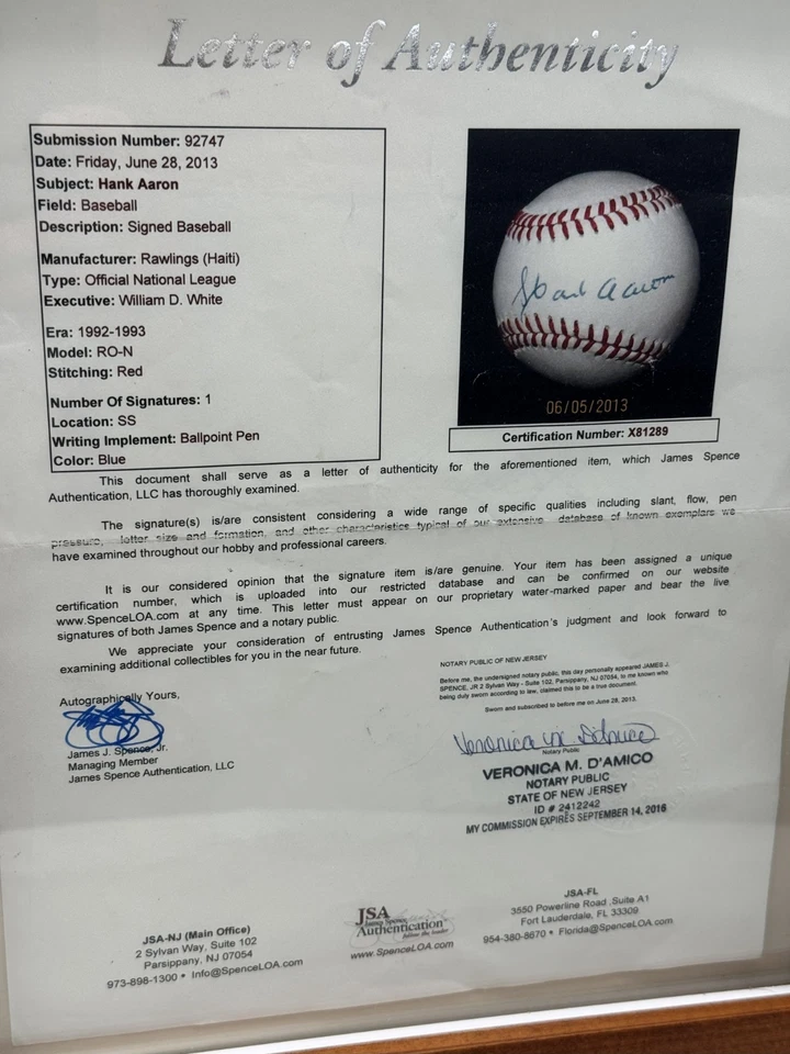Hank Aaron Autographed Baseball Rawlings Official NL RO-N Blue Ink JSA LOA Frame - Image 3 of 4