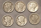 Loy of 6 Mercury Silver Dimes (1919-1945) 90% Ag Free Shipping