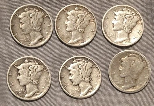 Loy of 6 Mercury Silver Dimes (1919-1945) 90% Ag Free Shipping