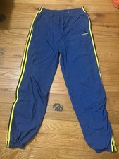 Vintage 90s Adidas Track Pants Large Navy Yellow 3 Stripes Nylon Jogger Swishy