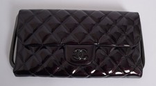 Chanel Classic Flap Clutch Bag Black Frame Burgundy Patent Leather CC Logo Rare