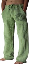 Men's Summer Beach Pants Loose Fit Cotton Linen Trousers with Elastic Waist Draw