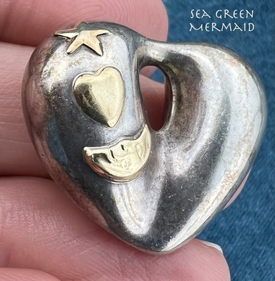 18k Gold & Silver Puffy Heart Pendant w Moon-Face Heart + Star