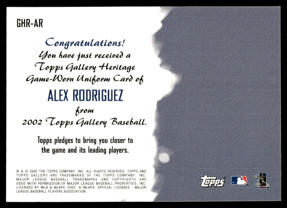 2002 Topps Gallery Heritage Uniform Relics Alex Rodriguez Seattle Mariners - Image 2 of 2