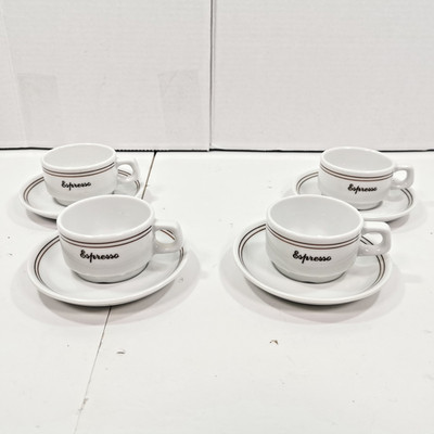 SET OF 4 LUBIANA POLAND ESPRESSO CUPS & SAUCERS WHITE BROWN BANDED PORCELAIN