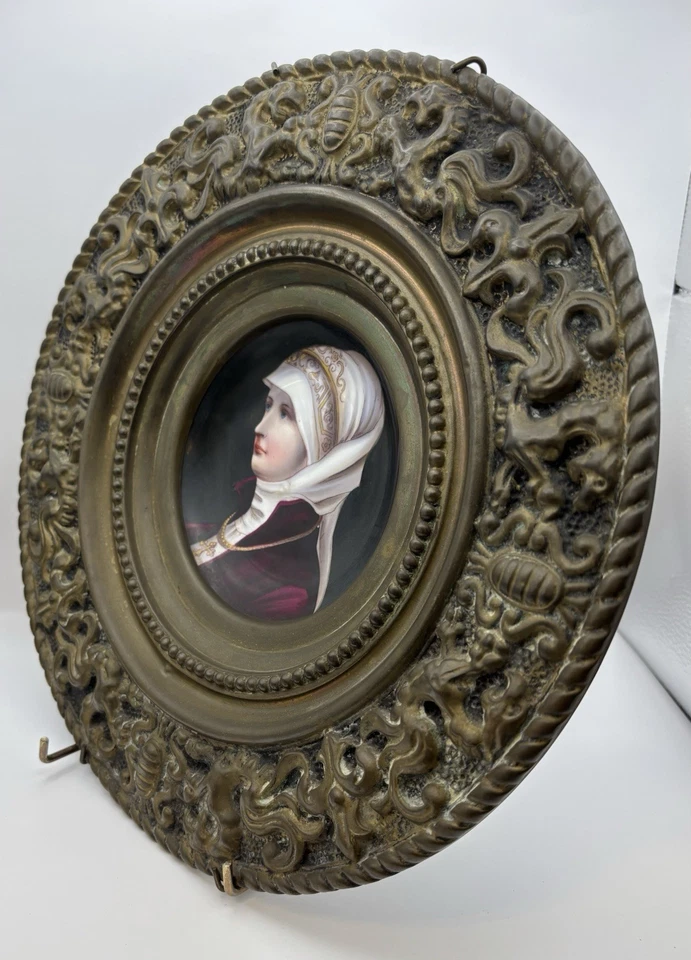 19-го века портрет на фарфоре, вручную украшения, латунь Франция - Изображение 3 из 4