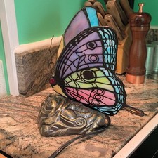 Stained Glass Butterfly Table Lamp Multicolor Metal Base Corded Switch
