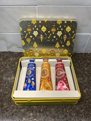 L OCCITANE Hand Cream Trio w/Tin Box 10ml/.34oz EACH, NEW