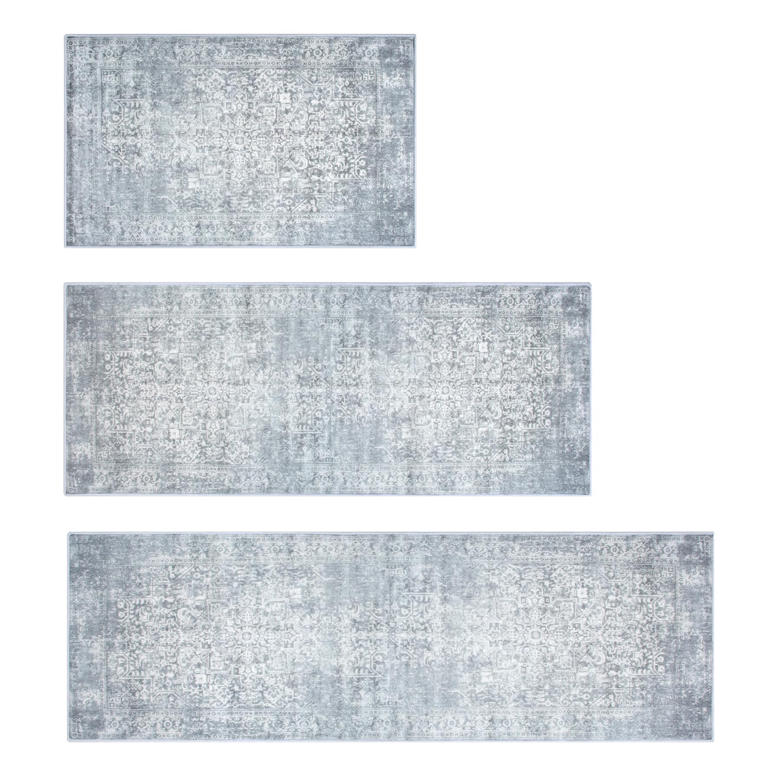 3-Piece Non-Slip Washable Kitchen Rug Set in Grey Boho Style Floor Runner
