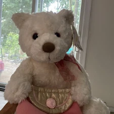 Gund White Teddy Bear With Red Floral Bow And Pink Purse 16” Soft and snuggly