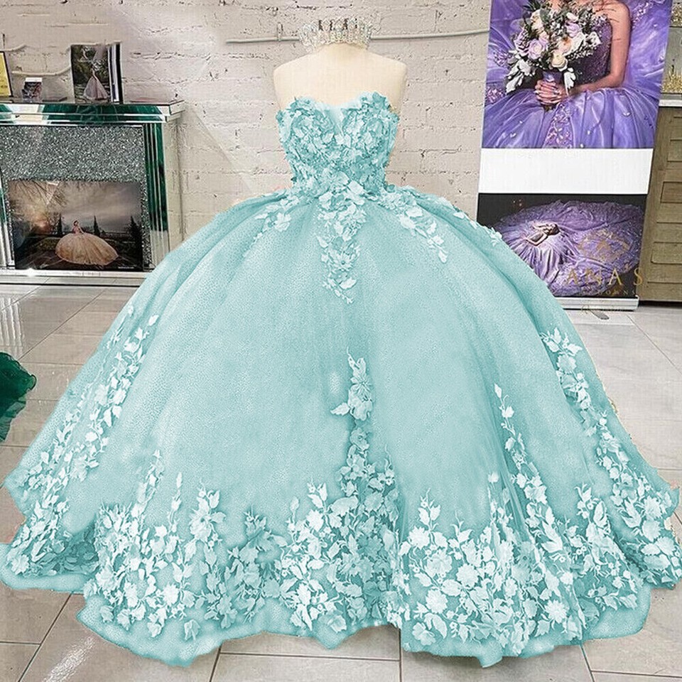 Emerald 3D Flowers Quinceanera Dress Sweet 15 16 Party Ball Gown Y6073