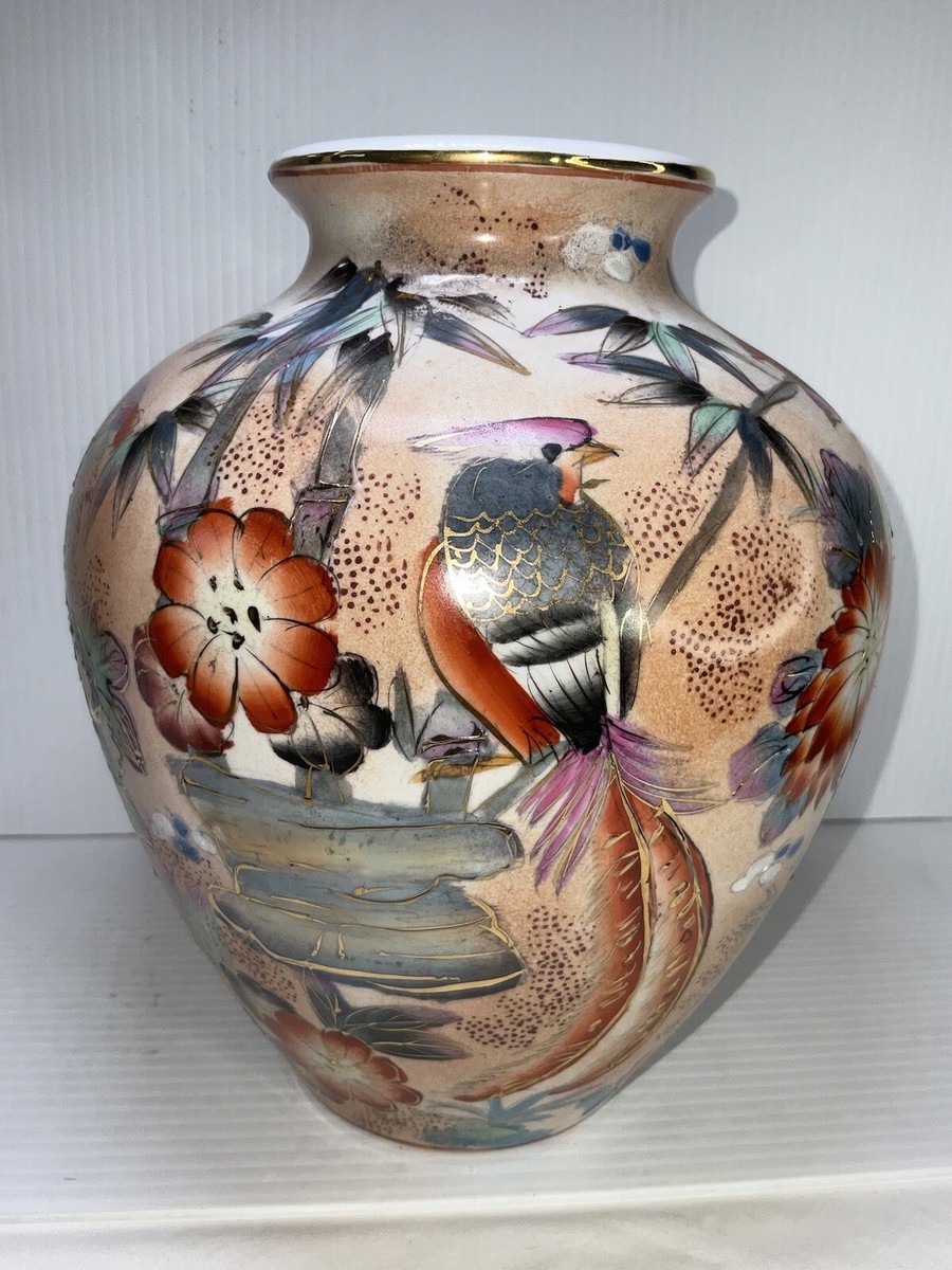 ビンテージ鳥 Vintage Hand Painted Bird & Flowers W Gold Accents Porcelain Vase
