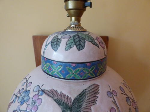Chinese Ginger Jar Table Lamp Beige Cherry Blossom & Humming Birds Pink Green - Picture 21 of 24