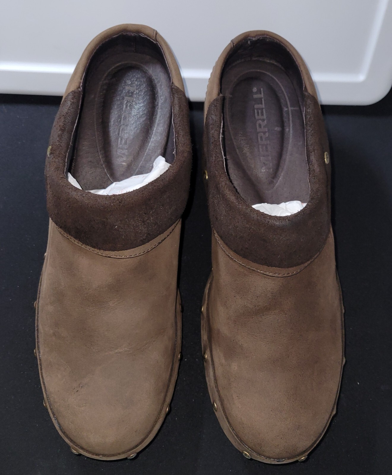 Sandalo Merrell Drizzle da donna taglia 9 5M pelle nabuk mulo grigio pantofola slip on