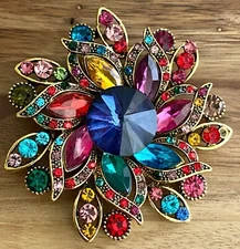 Multicolor Rhinestone Crystals Large Brooch   Box included
