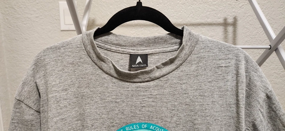 Camiseta masculina vintage anos 90 Star Trek Quark Ferengi Rule 18 grande espaço profundo nove cinza - Imagem 3 de 4