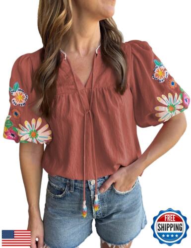 Women's Casual Floral Embroidered V Neck Boho Puff Short Sleeve Shirts Loose