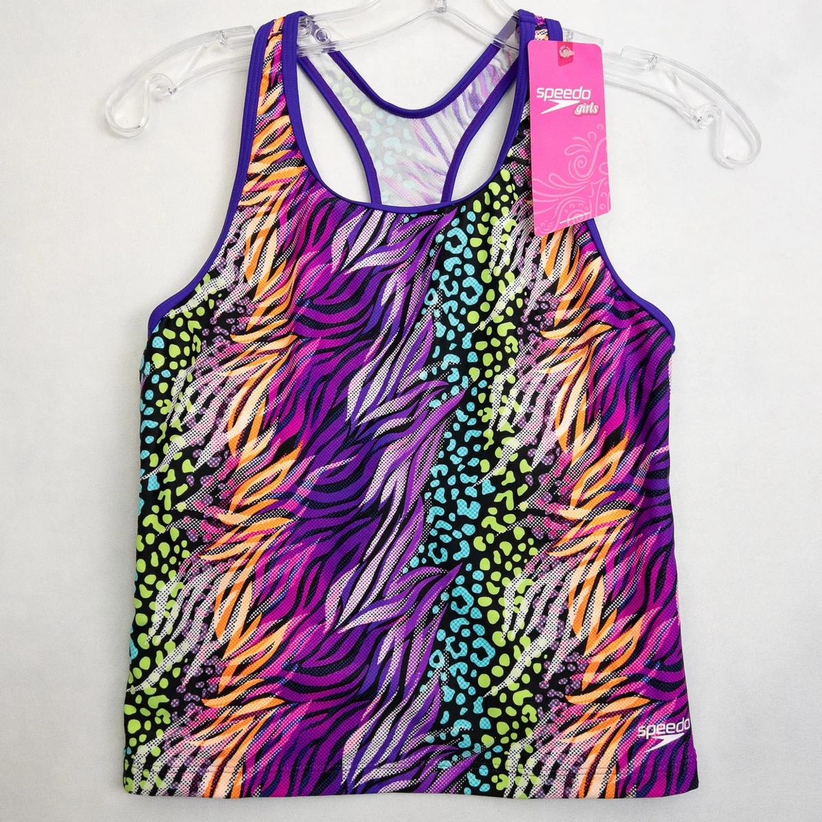 Speedo Swim Top Racer Back Tank Purple Neon Animal Print Stretch Girls 16 New