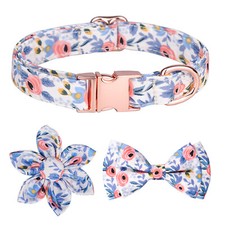 Puppy Cute Girl Dog Cat Collar Floral Bowtie Set Safety Metal Buckle Adjustable