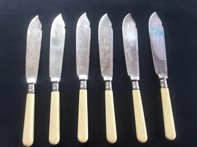 Set 6 Fish Knives Antique EPNS Silver Plate Flatware Cutlery Engraved Blade - Image 1 of 3