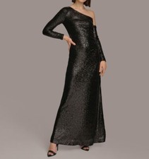 Donna Karan Women's Black Sequin One-Shoulder Gown Dress Size 10