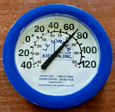 PLASTIC 10 3/4'' DIAMETER WALL THERMOMETER ADVERTISING L.E. SOMMERS KIDRON. OH