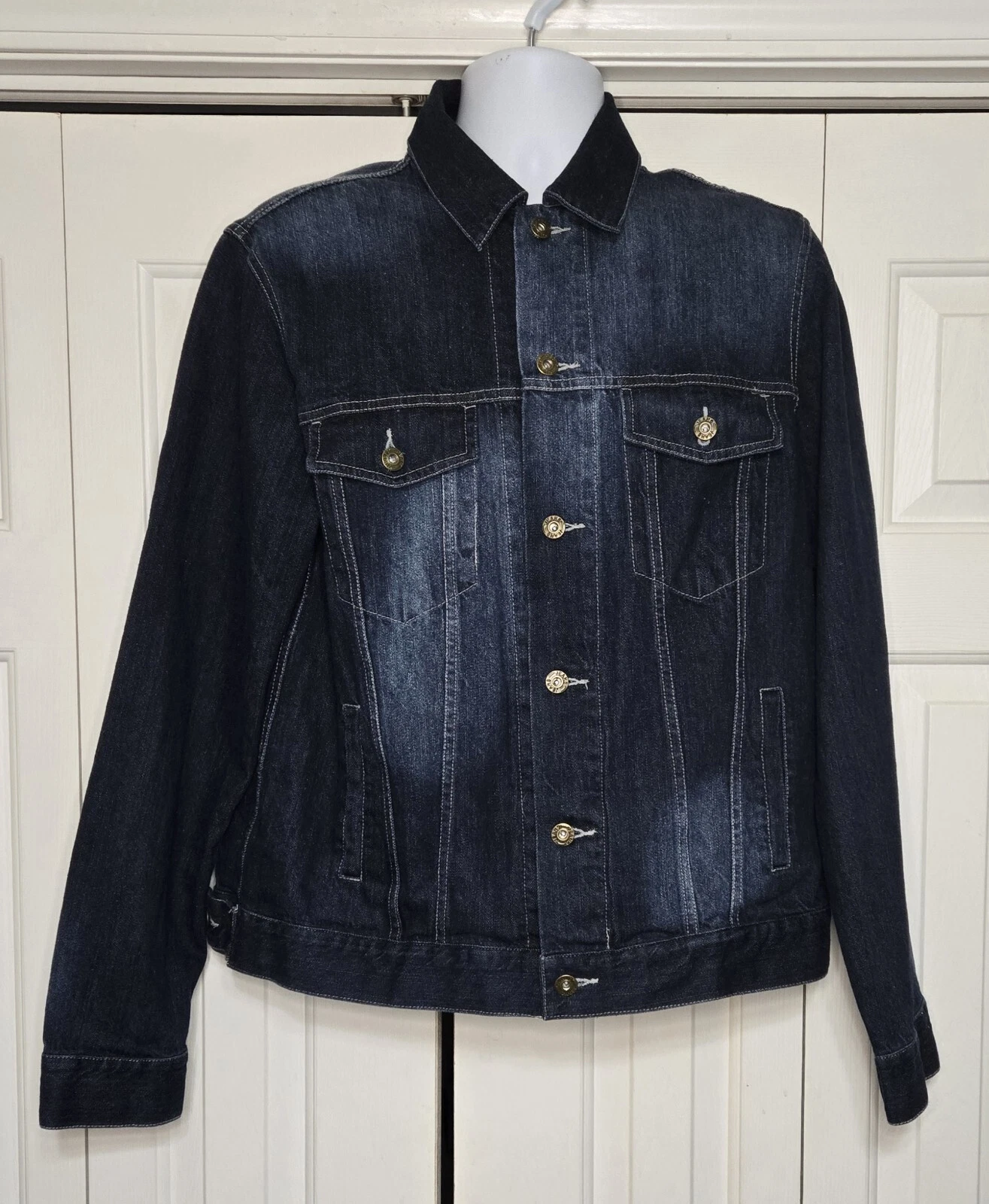 DAVID.ANN Dark Wash Denim Jacket | Distressed Faded Jean Jacket Size Medium