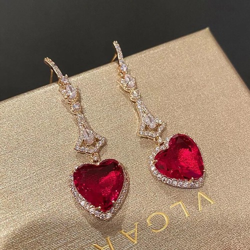 Lab-Created Red Ruby 3Ct Heart Drop Dangle Earrings 14K Yellow Gold Plated - Picture 6 of 9