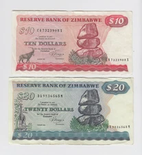 ZIMBABWE P.3d+4c  10+20 DOLLARS 1983  NICE CIRCULATED  LOW SHIPPING  WE COMBINE
