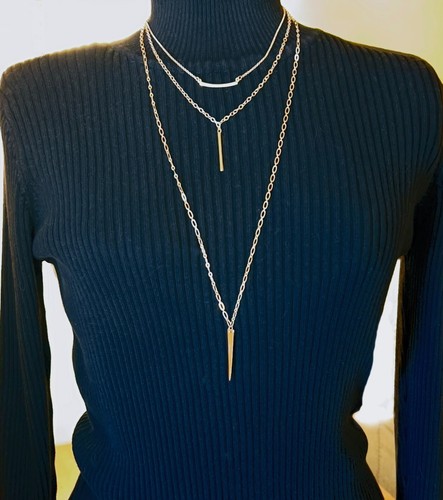 Three Strand Minimalist Gold Tone Spike & Bar Pendants on 36" Oval Link Necklace