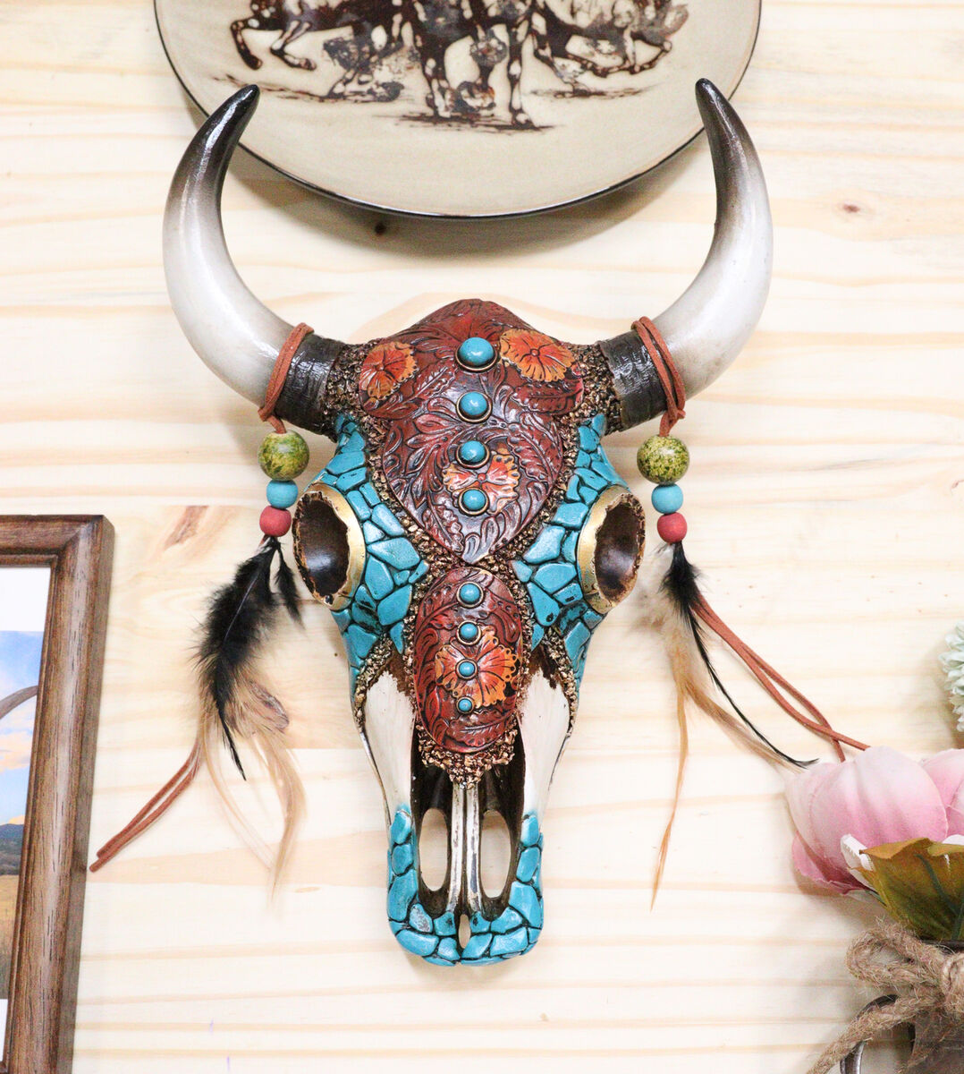 Southwestern Tooled Animal Skull and Horns Wall Art Southwestern Tooled Animal Skull and Horns Wall Art
