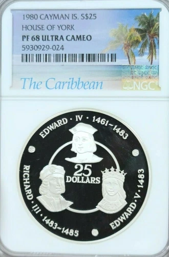 1980 CAYMAN ISLANDS SILVER 25 DOLLARS HOUSE OF YORK NGC PF 68 ULTRA CAMEO TOP