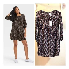 The Nines by Hatch Sz L Black Multi Ditzy Floral Swingy Mini Maternity Dress New