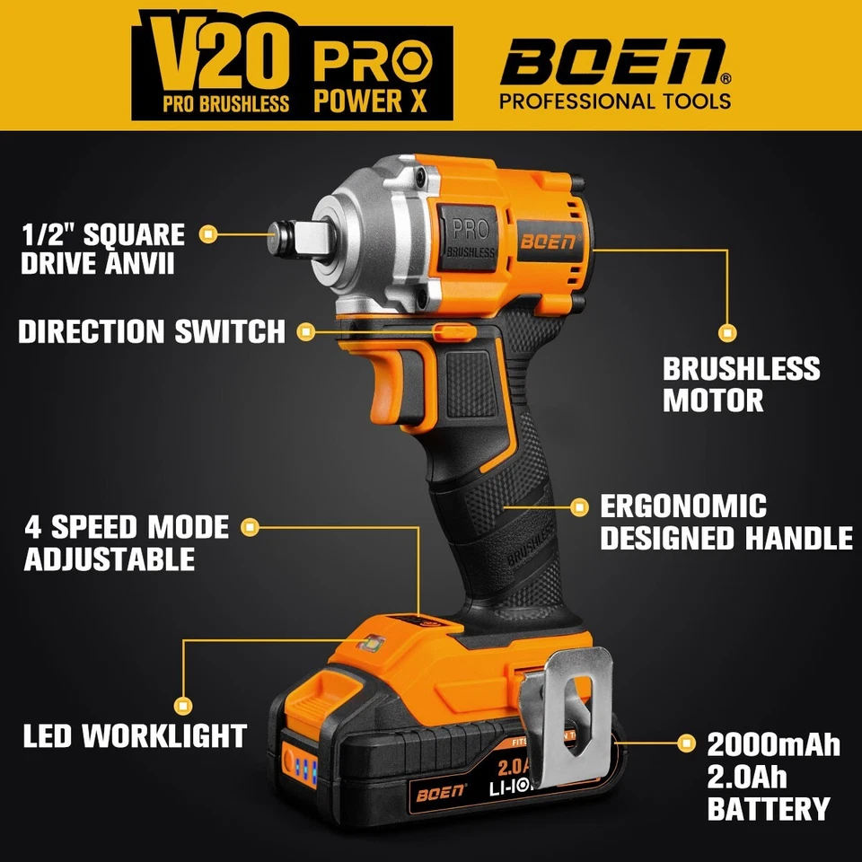 Boen Impact Wrench 1/2" Brushless Electric, With 11 Pcs Impact Socket Set,IW79 - Image 2 of 4