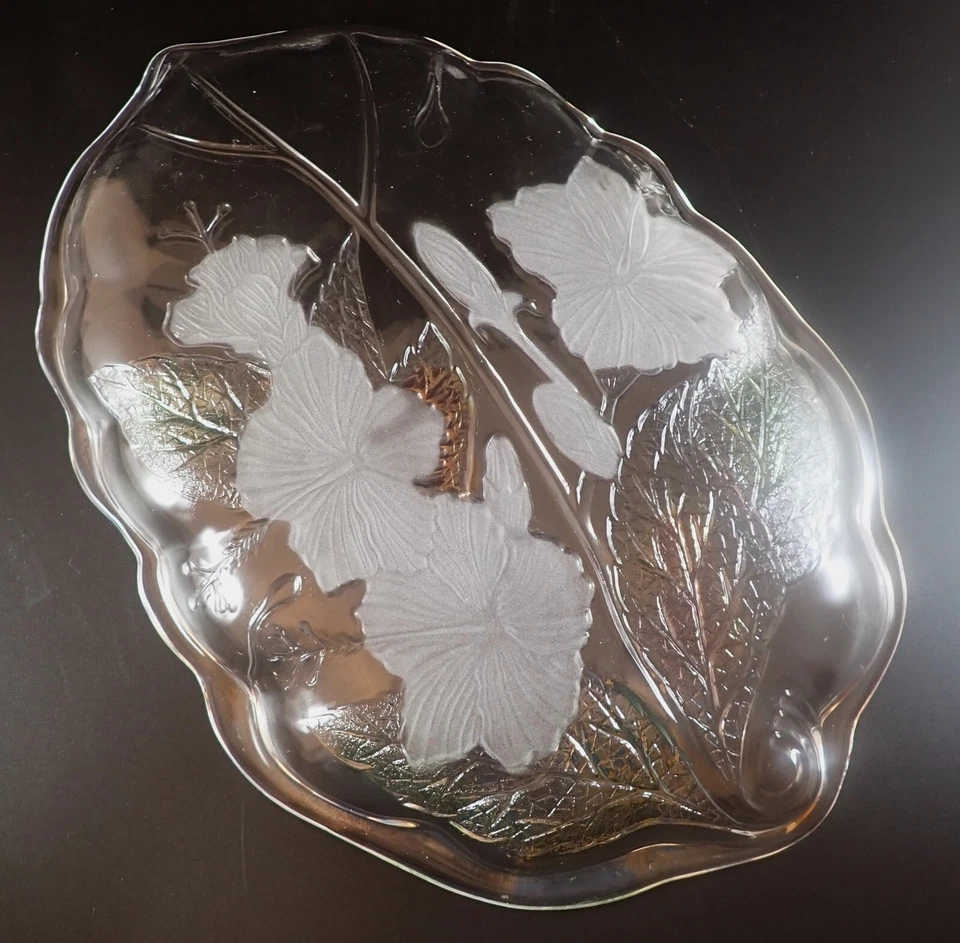 Savoir Vivre Crystal & Multi Hibiscus Oblong Platter 13 3/4" Japan Floral Leaf - Image 3 of 3