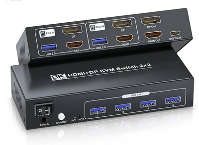 8K@60Hz 4K@120Hz HDMI + Displayport KVM Switch 2 Monitors 2 Computers