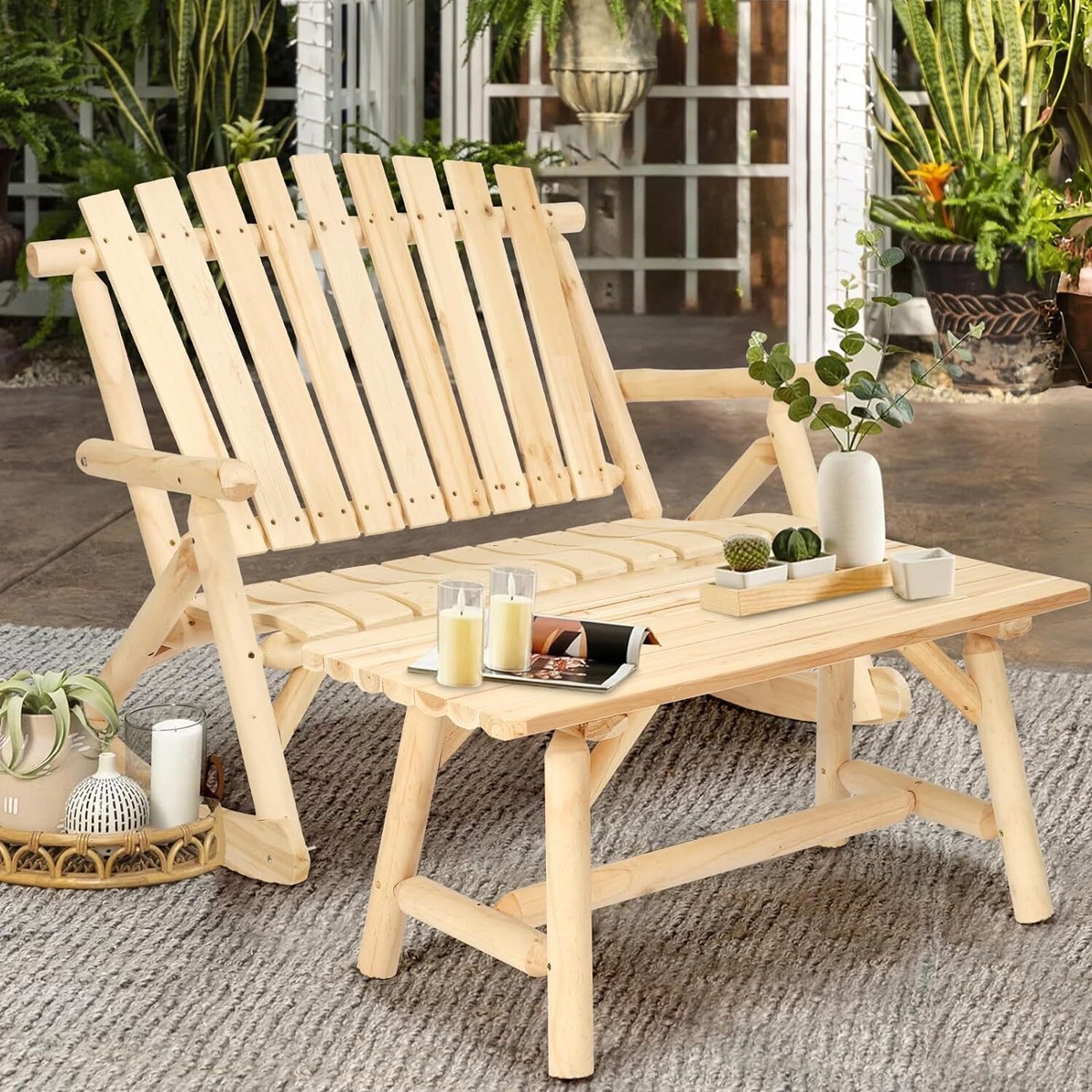 Outdoor Wood Rocking Bench Set- Person Adirondack Log Rocker